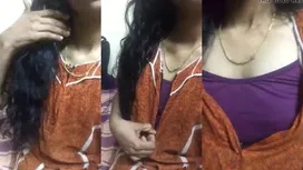 Horny mallu housewife in nighty showing her nude boobs to bf