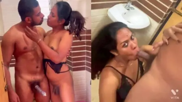 Lusty Indian shemale anal sex with bf in bathroom & blowjob